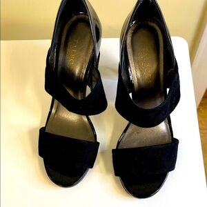 Talbots Black Strappy Heeled Sandals | Size 9B | Suede & Patent Mix | GUC